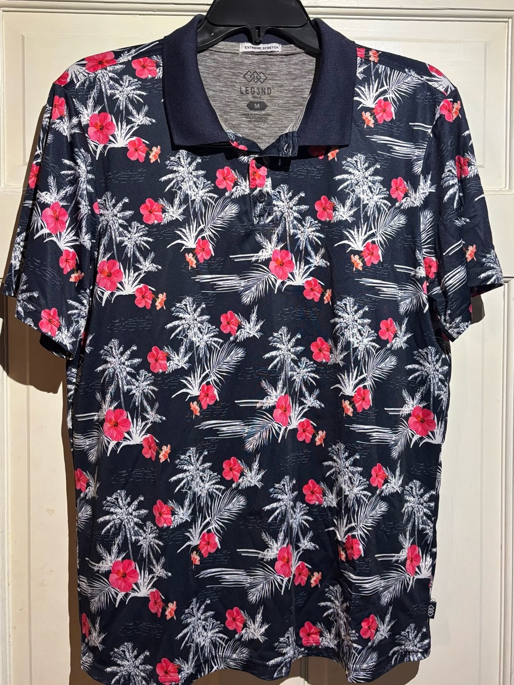Men’s Navy Floral Polo Shirt with Pink Hibiscus.
